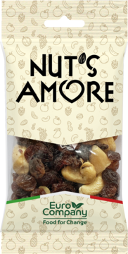NUTS AMORE mix orzechów nerkowca i suszonych owoców (rodzynki) w beżowej torebce z wzorem, widok z przodu.