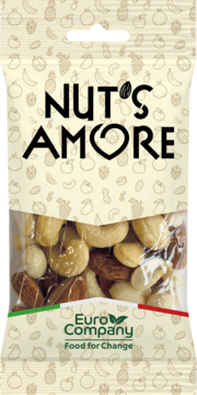Nut's Amore Mieszanka Prażonych Orzechów, orzechy ziemne, migdały, nerkowce w przezroczystym opakowaniu. Widok z przodu.