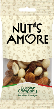 NUT'S AMORE ,mieszanka prażonych orzechów i suszonych owoców, Orzeszki ziemne, Rodzynki sułtańskie, Migdały,przód
