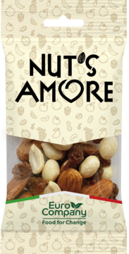 Jasna paczka Nut's Amore, mieszanka prażonych orzechów i suszonych owoców, z widocznymi migdałami, orzechami i rodzynkami.