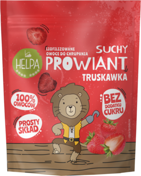Czerwona torebka Helpa Suchy Prowiant Truskawka, 100% liofilizowanych owoców bez cukru, lew pirat, widok z przodu.