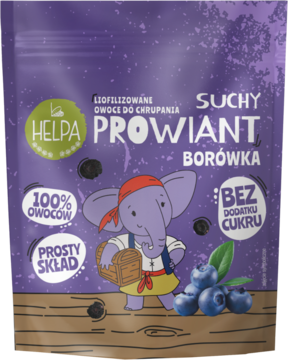 Fioletowa torebka Helpa Suchy Prowiant Borówka, liofilizowane owoce bez cukru, ze słoniem piratem.
