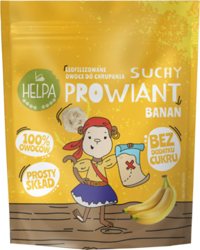 Żółte opakowanie Helpa Suchy Prowiant Banan z liofilizowanymi bananami, małpką piratem i napisami "100% owoców", "bez cukru".