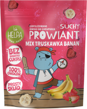 Różowa torebka Helpa Suchy Prowiant Mix Truskawka Banan, liofilizowane owoce bez cukru, z rysunkiem pirata.