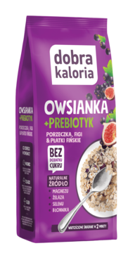 Fioletowa owsianka Dobra Kaloria +Prebiotyk, porzeczka i figi, bez cukru, widok z przodu opakowania.