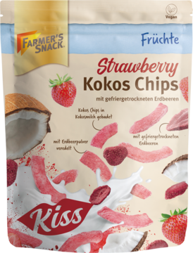 Farmer's Snack Kokos Chips Strawberry. Biała torebka z różowymi chipsami kokosowymi i liofilizowanymi truskawkami.