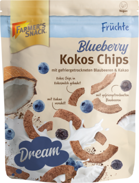 Farmer's Snack Kokos Chips Blueberry: biała torebka z kokosami, liofilizowanymi borówkami i kakao.