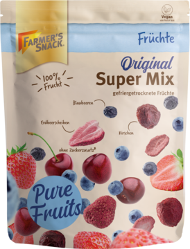 Front torby Farmer’s Snack Original Super Mix: liofilizowane truskawki, borówki, wiśnie, "100% owoców" i "Pure Fruits".
