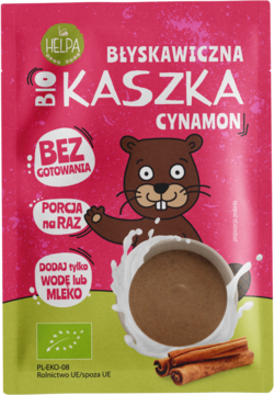 Różowa saszetka Helpa Bio Błyskawiczna Kaszka Cynamon z bobrem i miseczką, widok z przodu.