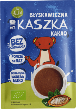 Helpa Bio Kaszka Błyskawiczna Kakao, niebieska torebka, rysunek zwierzątka i kubka brązowej kaszki. Napisy: BEZ GOTOWANIA.
