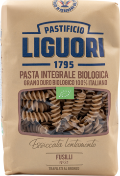 Opakowanie makaronu Liguori Fusilli Integrale BIO. Brązowa torebka z okienkiem pokazuje spiralny pełnoziarnisty makaron.