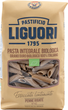 Makaron Liguori Penne Rigate BIO pełnoziarnisty w brązowej torbie, widok z przodu, z przezroczystym oknem.