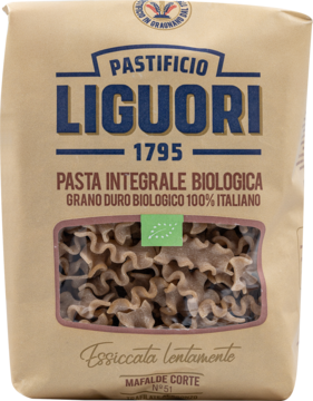 Makaron Liguori Mafalde Corte Integrale BIO w brązowym opakowaniu z widocznymi falistymi wstążkami, z przodu.