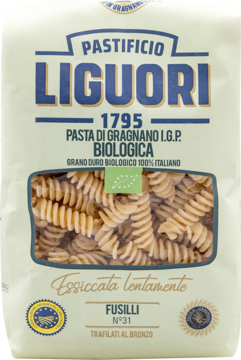 Makaron Liguori Fusilli N°31 BIO IGP, pełnoziarnisty, w białej paczce z oknem.