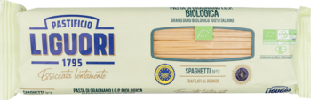 Opakowanie Liguori Integrale BIO Spaghetti. Biała paczka z okienkiem, niebieskie logo, widok z przodu.