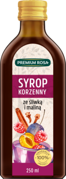 Premium Rosa syrop korzenny śliwkowo-malinowy do herbaty, brązowa butelka z etykietą owoców i przypraw, 250ml, z przodu.