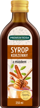 Premium Rosa Syrop Korzenny z miodem w brązowej butelce, z etykietą pokazującą cynamon, goździki i miód, 250ml.