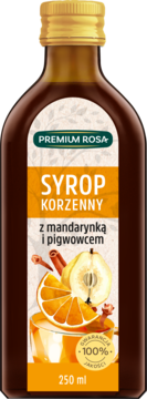 Front butelki syropu Premium Rosa 250 ml z mandarynką i pigwowcem, korzenny, złoty korek, pomarańczowa etykieta.