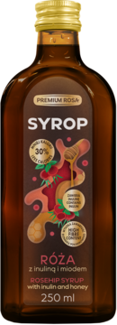 Syrop Premium Rosa z dzikiej róży, miodem, inuliną w butelce 250 ml, wysoka zawartość błonnika, widok z przodu.