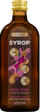 Syrop malinowy Premium Rosa z inuliną i miodem, butelka 250ml, 30% mniej kalorii, widok z przodu.