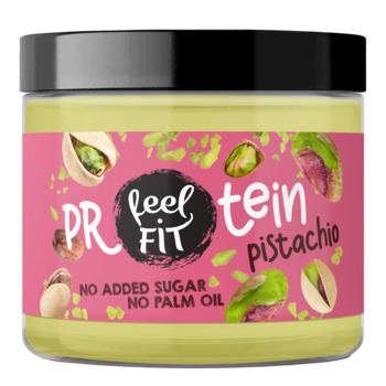 Słoik Feel Fit Protein Pistachio, jasnzielony krem proteinowy, różowa etykieta z pistacjami, bez cukru.