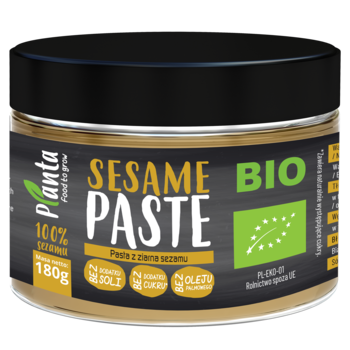 Planta BIO pasta sezamowa 180g w słoiku, beżowa etykieta 'bez soli, cukru, oleju palmowego', widok z góry.
