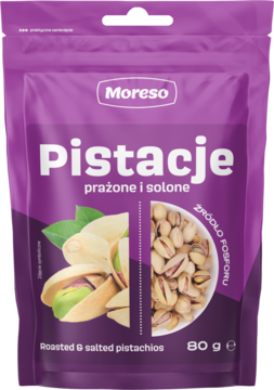 Moreso Pistacje prażone i solone w fioletowej torebce 80g, z widokiem orzechów i napisów, ujęcie frontalne.