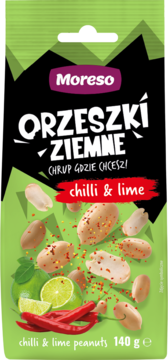 Moreso Orzeszki Ziemne Chilli & Lime, zielono-czarne opakowanie z prażonymi orzeszkami, chili i limonką.