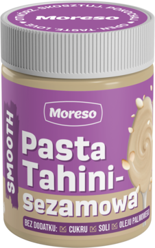 Moreso gładka pasta tahini sezamowa w słoiku, fioletowa etykieta, białe wieczko, bez dodatku cukru, przód.