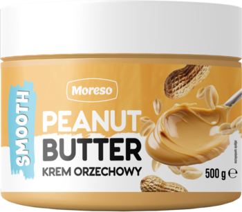 Moreso Masło Orzechowe Smooth 500g w beżowym słoiku z białą pokrywką, z łyżką masła na etykiecie, widok z przodu.