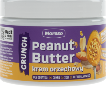 Słoik Moreso Peanut Butter Crunch, masło orzechowe bez cukru/soli/oleju palmowego, fioletowa etykieta, widok z przodu.