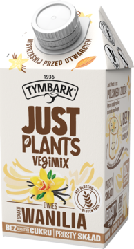 Napój owsiany Tymbark Just Plants VegiMix waniliowy w jasnym kartonie, z białą nakrętką i grafiką wanilii, widok z przodu.