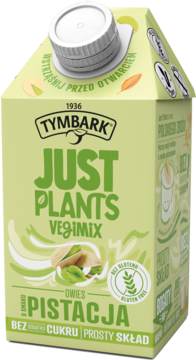 Tymbark Just Plants VegiMix, bezglutenowy owsiany napój pistacjowy w jasnozielonym kartonie z białą zakrętką.