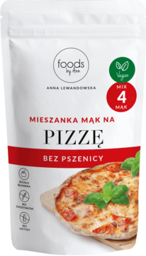 Biała torebka Foods by Ann Mieszanka mąk na pizzę bez pszenicy, z obrazkiem pizzy i zielonym logo Vegan.