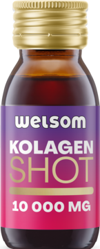 Welsom Kolagen Shot 10 000 mg w brązowej butelce, fioletowo-różowa etykieta z białym tekstem, złota zakrętka.