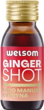 Welsom Ginger Shot z miodem Manuka i cytryną w małej butelce, złota zakrętka, czerwona etykieta, widok z przodu.
