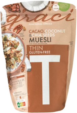 Front brązowej torebki Graci Cacao, Coconut & Chia Seeds Owsiane Muesli bezglutenowe, z miską i literą T.