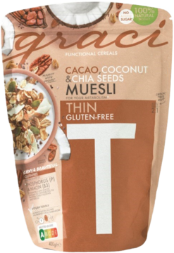 Front brązowej torebki Graci Cacao, Coconut & Chia Seeds Owsiane Muesli bezglutenowe, z miską i literą T.