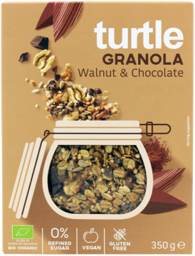 TURTLE ,granola, z orzechami włoskimi i czekoladą, Bio,przód