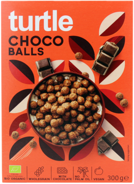 Pomarańczowe pudełko Turtle Choco Balls, ekologiczne, wegańskie kulki zbożowe z czekoladą w misce, widok z przodu.