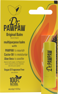 Żółte pudełko Dr. PawPaw Original Balm z papają i aloesem, obok widoczny żółty sztyft balsamu.