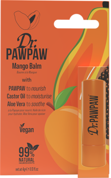 Dr. PawPaw Mango Balm orange box, front view, with mango illustration and small orange balm stick.