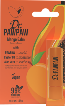Dr. PawPaw Mango Balm orange box, front view, with mango illustration and small orange balm stick.