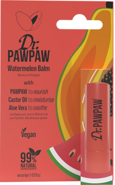 Dr. PAWPAW Watermelon Balm, wegański balsam do ust w czerwonym opakowaniu z arbuza, częściowo wysunięty sztyft.