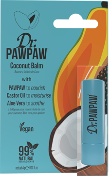 Dr. PAWPAW Coconut Balm, wegański balsam do ust w turkusowym sztyfcie, widoczny w opakowaniu z papają i kokosem.
