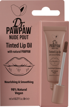 Dr. PAWPAW NUDE POUT Tinted Lip Oil w różowym opakowaniu z beżową tubką i wysuniętym aplikatorem.