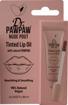 Dr. PAWPAW NUDE POUT Tinted Lip Oil w różowym opakowaniu z beżową tubką i wysuniętym aplikatorem.