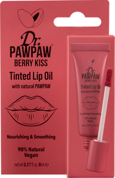 Czerwony kartonik Dr. PawPaw Berry Kiss Tinted Lip Oil i wyjęta tubka z aplikatorem, widok z przodu.