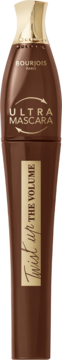 BOURJOIS Twist up the Volume Ultra Mascara 002 Ultra Brown, brązowy tusz pogrubiająco-wydłużający w lśniącej tubce.
