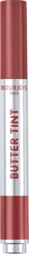 BOURJOIS Butter Tint masełko do ust nr 01 Rose Fondant, pudroworóżowa tubka, metaliczny środek z napisem, widok z przodu.